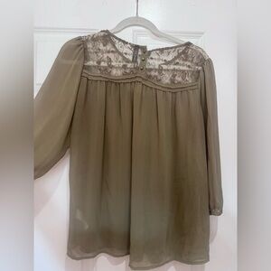 H&M Olive Green Lace Yoke Long Sleeve Blouse